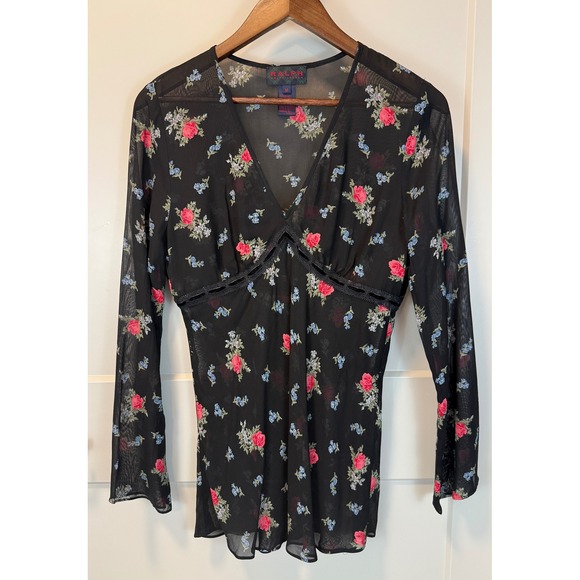 VINTAGE Ralph Lauren Sheer Floral Whimsigoth Fairy Tunic Dress Black Medium - Picture 2 of 7